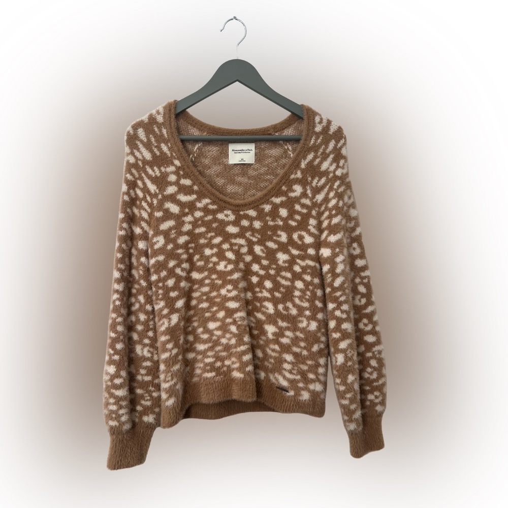 Abercrombie& Fitch Fuzzy Leopard Knit Sweater Cream Brown XS Soft Cozy
